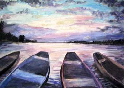 boats sunrise painting