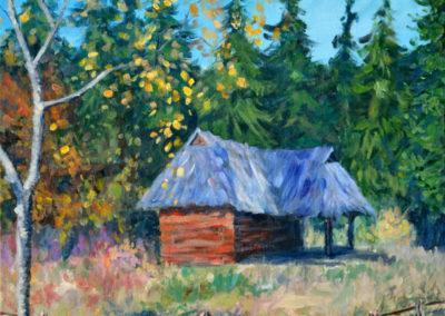 fall mountain lodge landscape painting