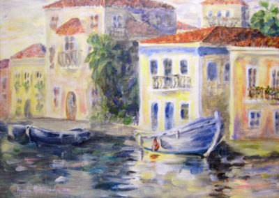 greek harbor impressionist boats painting