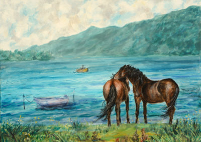 horses lake landscape painting